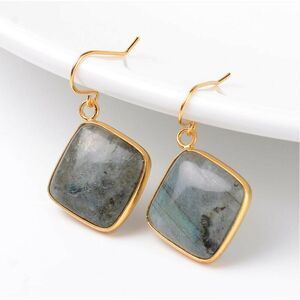 Puffed Diamond Shape Labradorite Gemstone Pendant Gold Plated Trim Earri…